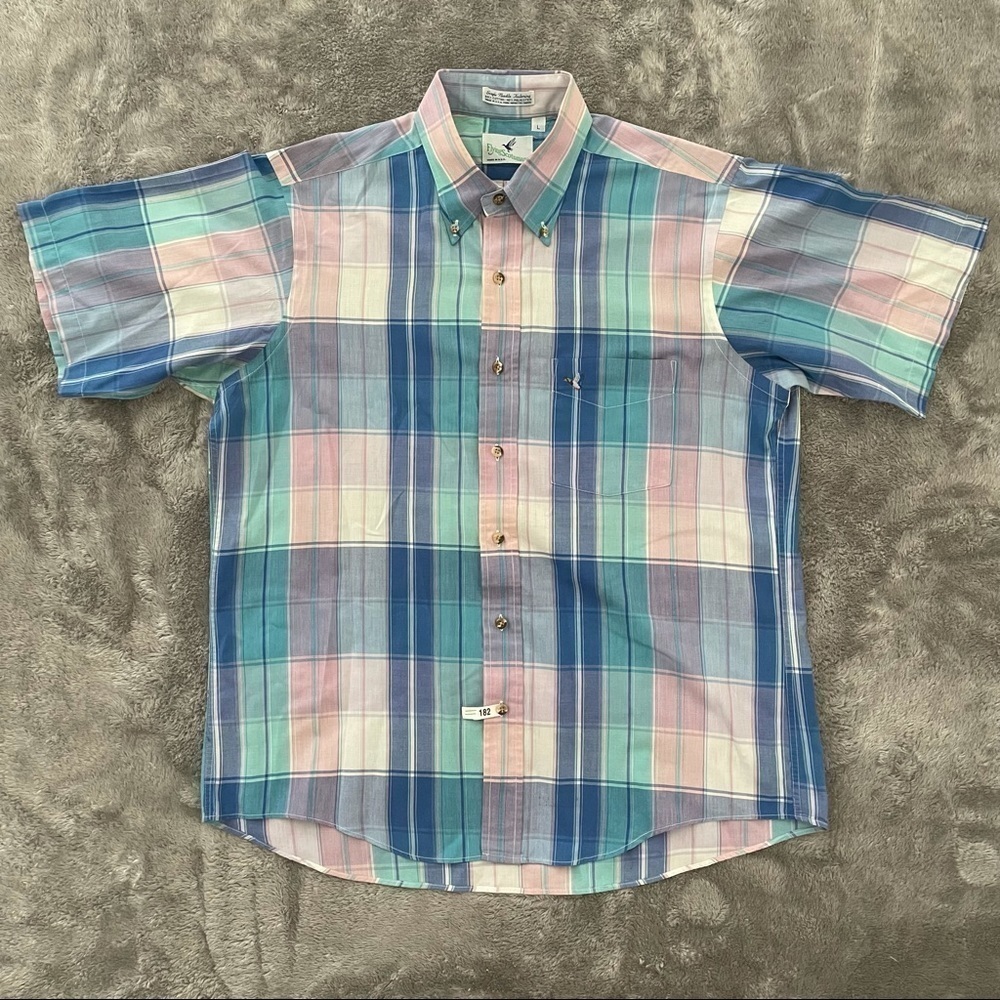 Vintage Flying Scotsman Plaid Button Down Shirt Size Large Pastel Easter Blue